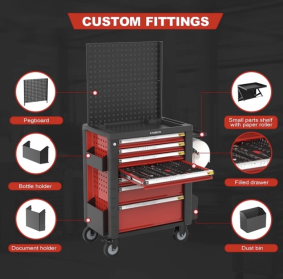 Raccords personnalis&eacute;s pour armoire &agrave; outils roulante &agrave; 7 tiroirs KINBOX